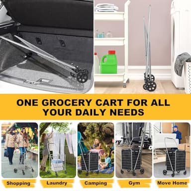 Shopping Cart with 360° Rolling Swivel Wheels, Portable Utility Cart for Grocery, Folding Shopping Cart with Waterproof Basket Liner, Collapsible Cart 120lbs, Sliver - Image 7