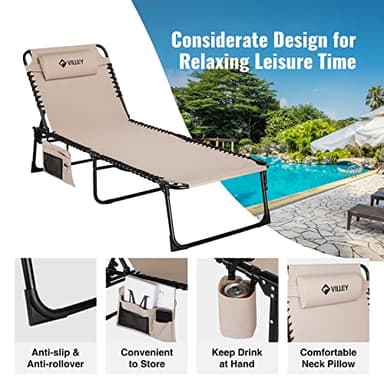 VILLEY Oversize Chaise Lounge Outdoor, Heavy-Duty Folding Lounge Chair for Outside, Portable Trifold Beach Lounger with 5 Adjustable Positions for Outdoor, Patio, Beach, Lawn, Backyard, Camping -Beige - Image 5