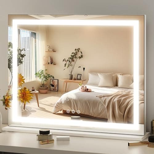 FENNIO 23" x 18" Vanity Mirror with Lights，LED Makeup Mirror，Hollywood Mirror with 3 Color Modes & Adjustable Brightness，Vanity Mirror Square White - Image 1