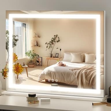 FENNIO 23" x 18" Vanity Mirror with Lights，LED Makeup Mirror，Hollywood Mirror with 3 Color Modes & Adjustable Brightness，Vanity Mirror Square White - Image 1