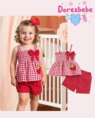 Doresbebe 18-24 Months Girl Clothing Baby Girl Clothes Summer Toddler Girl Outfits Strawberry Ruffle Shirts Tank Tops Shorts Set Gifts for Girl Clothing Red - Image 7