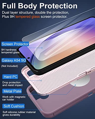 Dahkoiz Samsung Galaxy A54 5G Case, with Glass Screen Protector, Dust-Proof Port Cover, Magnetic Car Mount Support, Full Body Silicone Rubber Protection Phone Case for A54 6.4-Inch, Pink/Purple - Image 3