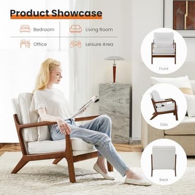 Sweetcrispy Accent Mid Century Modern Chairs with Pillow Set of 2, Upholstered Lounge Armchair, Linen Fabric Comfy Reading Chair with Wood Frame for Living Room, Bedroom, White - Image 7