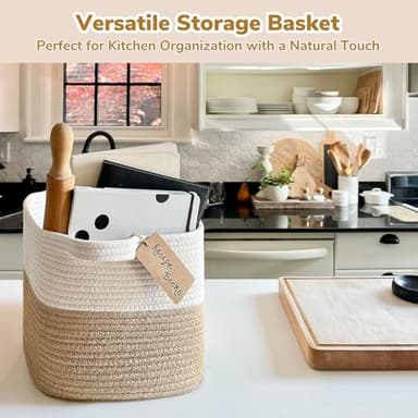 Goodpick Woven Storage Baskets for Organizing, Dog Toy Basket Medium Empty Gift Basket with Handles, Square Wicker Basket, White and Jute Storage Bin, 13.5 x 11 x 9.5 Inches - Image 6