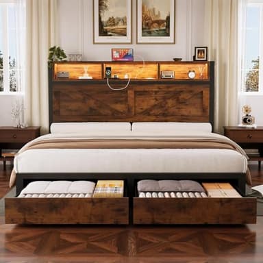 Incyneva Farmhouse Full Bed Frame with Bookcase Storage Headboard, Charging Station, LED Light and 2 Storage Drawers, Noise Free, No Box Spring Needed, Brown - Image 1