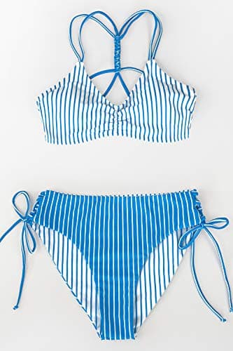 CUPSHE Women's Back Braided Straps Reversible Bottom Strappy Lace Up Bikini Sets, M Blue Stripe - Image 6