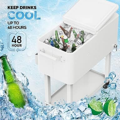 VINGLI 80 Quart Rolling Ice Chest, Portable Patio Party Bar Drink Cooler Cart, with Shelf, Beverage Pool with Bottle Opener (White) - Image 3