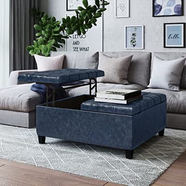 SIMPLIHOME Harrison 36 inch Wide Transitional Square Coffee Table Storage Ottoman in Denim Blue Vegan Faux Leather, Assembled, For the Living Room and Bedroom - Image 2