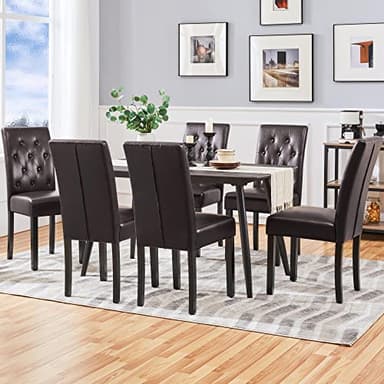 Yaheetech Dining Chairs Set of 6 Modern Style Faux Leather Dining Room Chairs with Solid Wood Legs and Button Tufted Padded for Home Kitchen, Brown - Image 2