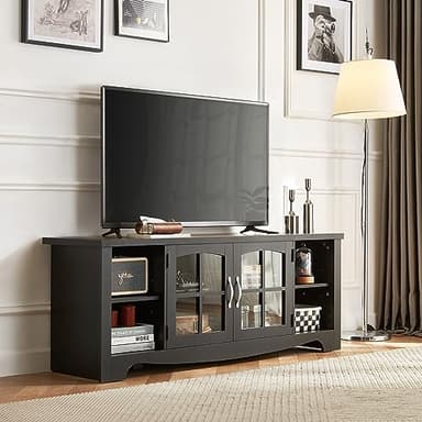 LINSY HOME Farmhouse TV Stand for 65 Inch TV, Wood Entertainment Center with Glass Door Storage Cabinet & Adjustable Shelves, Sturdy TV Console Table for Living Room Bedroom, Black - Image 2
