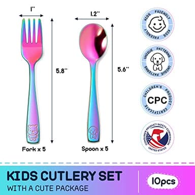 VITEVER 10 Pack Toddler Utensils, Stainless Steel Rainbow Silverware Set for Kids, Children Safe Cutlery Set Includes Forks and Spoons - Dishwasher Safe - Image 2