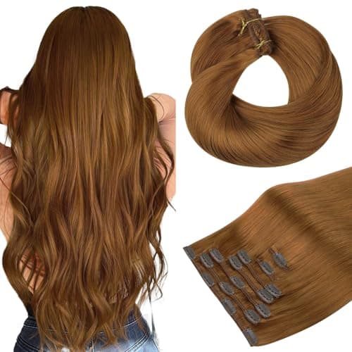 HOTBANANA Human Hair Clip in Hair Extensions, Copper 120g Clip in Hair Extensions Real Human Hair Straight Remy Hair Clip in Hair Extensions 18 Inch 7pcs - Image 1