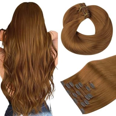 HOTBANANA Human Hair Clip in Hair Extensions, Copper 120g Clip in Hair Extensions Real Human Hair Straight Remy Hair Clip in Hair Extensions 18 Inch 7pcs - Image 1