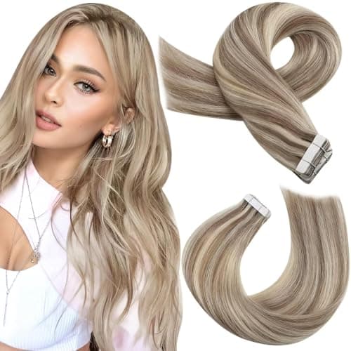 Moresoo Tape in Human Hair Extensions 20 Inch Highlighted Hair Extensions Tape in Light Brown Highlighted with Blonde Glue in Extensions Invisible Glue in Extensions Real Hair #P9A/60 20pcs 50g - Image 1