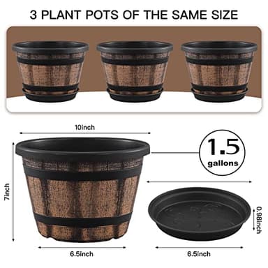 Quarut 3 Pack 10 inch Plant Pots,Whiskey Barrel Planters with Drainage Holes & Saucer, Plastic Decoration Flower Pots Imitation Wine Barrel Design, for Indoor & Outdoor Garden Home Plants (Brown) - Image 2