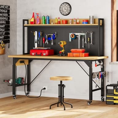 DWVO 60" Adjustable Workbench with Pegboard, Heavy Duty Wood Top Work Bench with Wheels, 1600 LBS Load Capacity, Rolling Work Table with AC/USB Outlet, Hooks, Rack for Garage, Workshop, Office, Home - Image 8
