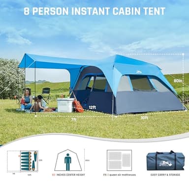 Camping Tent, Instant Cabin Tents for Camping, 8-Person Family Tent, Easy Setup in 60 Seconds with Porch, Large Waterproof Tents for Outdoor Camping, 5 Mesh Windows, Upgraded Ventilation (Blue) - Image 7