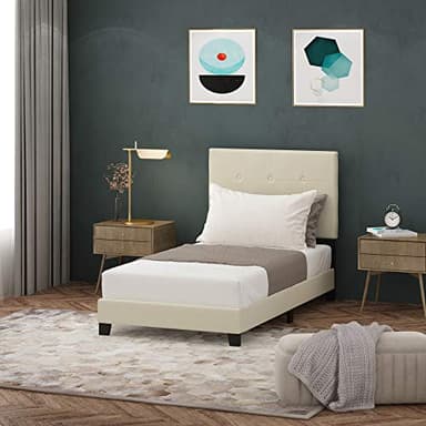 Furinno Laval Button Tufted Upholstered Platform Bed Frame, Twin, Linen - Image 1