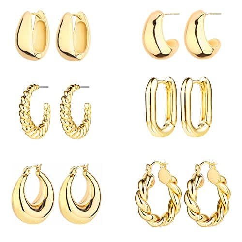 6 Pairs 14K Gold Plated Hoop Earrings for Women Lightweight Chunky Hoop Earrings Multipack Hypoallergenic, Thick Open Twisted Huggie Hoops Earring Set Jewelry for Gifts. (Gold) - Image 1