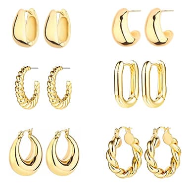 6 Pairs 14K Gold Plated Hoop Earrings for Women Lightweight Chunky Hoop Earrings Multipack Hypoallergenic, Thick Open Twisted Huggie Hoops Earring Set Jewelry for Gifts. (Gold) - Image 1