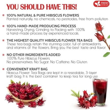 FreshDrinkUS, Premium 140 Hibiscus Flowers Tea Bags, 100% Natural, Handmade & Pure from Hibiscus Flowers. No Sugar/Caffeine/Gluten, Vegan. Tart & Refreshing, Hot or Ice Tea, Great For All Seasons - Image 3