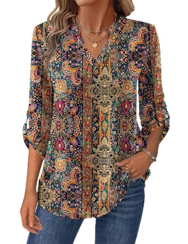 Zeagoo Womens Tops Long Sleeve V Neck T Shirts 2025 Boho Floral Tunics Business Work Blouses - Image 1