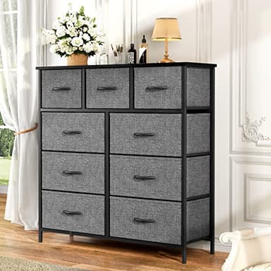 OLIXIS Dresser for Bedroom, 9 Storage Drawers, Wide Fabric Closet Chests Organizer Tower Furniture, TV Stand with Wooden Top Metal Frame for Clothes, Living Room, Hallway, Entryway, Classic Grey - Image 2