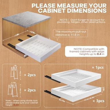 Seinloes 4Pack Expandable Pull Out Cabinet Organizer 21"Deep with Raising Pad for Framed Cabinets,Slide Out Drawers with 4pcs Divider Racks,Roll Out Shelves Adhesive,Adjustable Width 12.05"-20.4"White - Image 4
