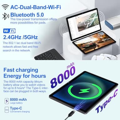 DMOAO Android Tablet 2025 Tablets with 22GB RAM+128GB ROM/ 1TB Expand, 8000mAh Battery, Octa-Core 2.0GHz CPU, 5G WiFi, GPS, 10.1 Inch FHD IPS 2 in 1 Tablet PC with Keyboard/Mouse-Gray - Image 5