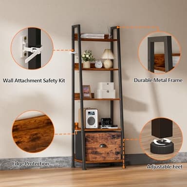 Furologee 5-Tier Ladder Shelf, Ladder Bookshelf with Removable Drawer, Rustic Bookcase Storage Rack Organizer, Wood Metal Freestanding Storage Shelf for Living Room, Home Office, Bedroom, Balcony - Image 4