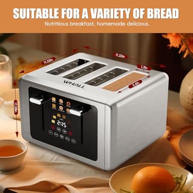 whall 4 Slice Touch Screen Toaster, Stainless Steel Toasters Digital Timer, Dual Control Panel Toasters，6 Shade Settings＆6 Bread Types, Smart Wide Slots, Bagel, Cancel, Defrost,Flat lever Stainless - Image 5