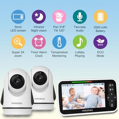 HelloBaby Video Baby Monitor with 2 Cameras and 5 Inch Split Screen Display, Remote Control Cameras with Night Vision and Temprature Monitoring - Image 2