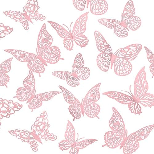 3D Pink Butterfly Wall Decor 3 Sizes 4 Styles Butterfly Party Decorations Cake Decorations Removable Stickers Wall Decor Room Mural Metallic Kids (Pink, 48Pcs) - Image 1