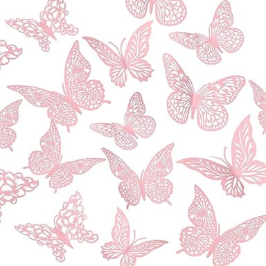 3D Pink Butterfly Wall Decor 3 Sizes 4 Styles Butterfly Party Decorations Cake Decorations Removable Stickers Wall Decor Room Mural Metallic Kids (Pink, 48Pcs) - Image 1