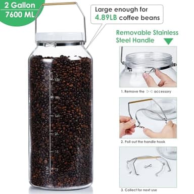 Qianfenie 2 Gallon Glass Jar with Airtight Lid, Wide Mouth Mason Jar with Lids(7600ML), Set of 1, 2 Gallon Large Glass Jar with Lid and Stainless Steel Handle - Image 4