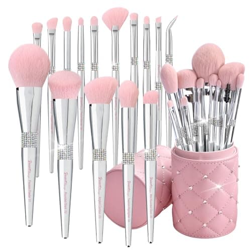 Bueart Design Elegant pink Ultra soft labeled Makeup Brushes Sets with Brush Holder makeup brush set with Foundation Powder blush blending contour Brush (15Pcs Silver Pink+Holder) - Image 1