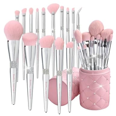 Bueart Design Elegant pink Ultra soft labeled Makeup Brushes Sets with Brush Holder makeup brush set with Foundation Powder blush blending contour Brush (15Pcs Silver Pink+Holder) - Image 1