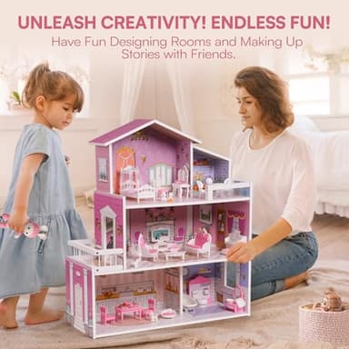 ROBUD Wooden Dollhouse Playset, 3 Stories, 5 Rooms, 24 PCS Furniture, Pretend Play Toys Gift for Kids Toddlers Girls - Image 4