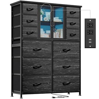 Dresser for Bedroom with 12 Drawers, Charging Station & LED Light & Mesh Door, Large Chests of Drawers for Hallway, Living Room, Entryway, Wooden Top, Metal Frame, Black, 50.6" H x 37.8" W x 11.8" D - Image 1