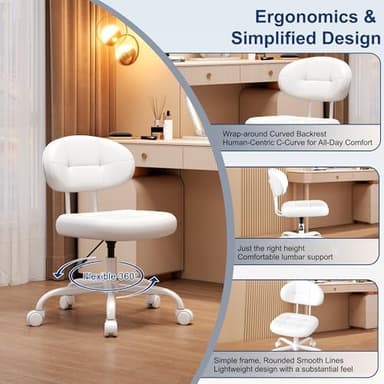 Misolant Vanity Chair with Back, Small Armless Cute office Chair with wheels and Lumbar support, Comfy PU Leather Desk Computer Chairs with Adjustable Height, 360°Swivel for Home Bedroom Office, White - Image 6