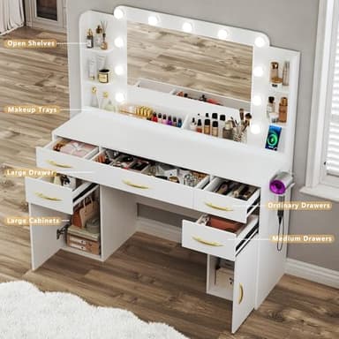 ALEXNUTRE Makeup Vanity Desk with Lights, 45.5" Large Vanity with Mirror and Lights in 3 Models, Vanity with Power Outlet, Vanity Desk with 5 Drawers, 2 Cabinets, Shelves for Bedroom, White - Image 6
