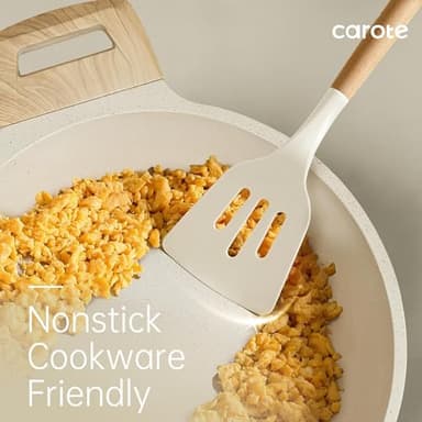 CAROTE Silicone Cooking Utensils Set, Kitchen Utensils Set 10 Pcs for cooking, BPA Free Spatula Set with Heat Resistant Wood Handles for Nonstick Cookware (Cream White) - Image 3
