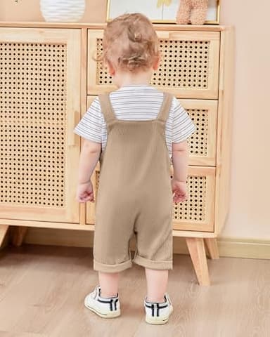 ZOEREA Toddler Baby Boys Clothes Summer Outfit Stripe T-Shirt and Shortall Romper Set Cute Jumpsuit (Khaki,6-12 Month) - Image 3