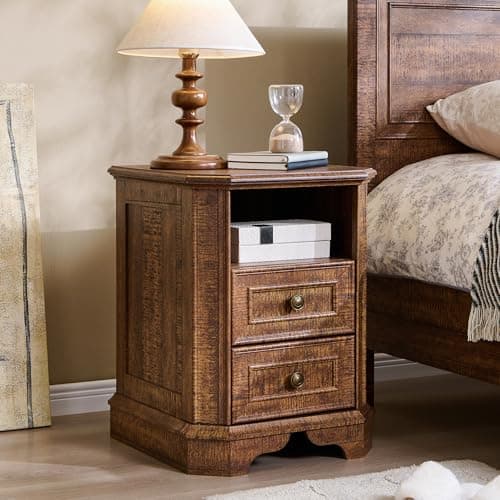T4TREAM Farmhouse Nightstand with Charging Station, 18" End Table with 2 Drawers, Wood Side Table, Bedside Cabinet for Bedroom, Living Room (Brown) - Image 1
