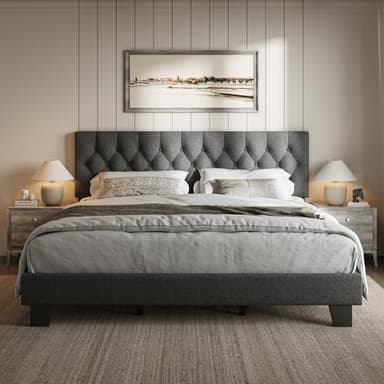 iPormis Upholstered King Size Bed Frame with Button Tufted Headboard, Linen Platform Bed with Thickened Support Legs, Noise-Free/No Box Spring Needed/Easy Assembly, Dark Grey - Image 1