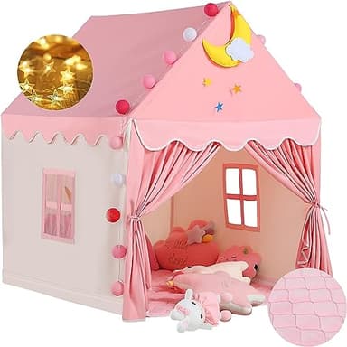 Wilwolfer Kid Tent with Mat, Star Lights - Kids Play Tents for Toddlers Kids Tents Indoor Playhouse - Princess Tent for Girls Toy House Gift (Pink with Cloth) - Image 1