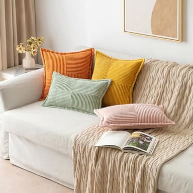 MIULEE Burnt Orange Fall Decorative Throw Pillow Covers for Couch Bed Livingroom 18x18 Inch Set of 2 Boho Accent Throw Pllows Broadside Striped Patchwork Soft Corduroy Pillowcases - Image 4