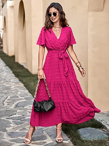 MASCOMODA Womens Swiss Dot Maxi Spring Wedding Guest Dress 2025 Casual Wrap V Neck Flutter Sleeve Long Flowy Party Dresses(Rose Red,Medium) - Image 2