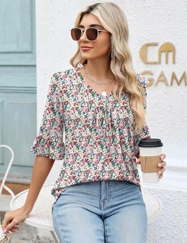 LOMON Boho Tops for Women 3/4 Length Sleeve Shirts Summer Casual V Neck Ruffle Half Sleeve Blouses White Red Floral L - Image 4