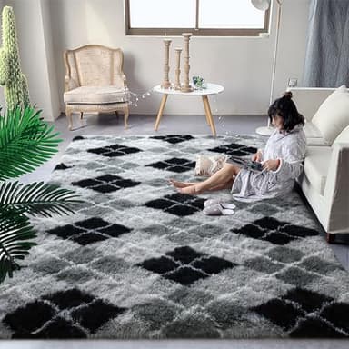 DweIke 5x8 Rugs for Living Room Bedroom, Fluffy Geometric Area Rug, Soft Plush Shaggy Floor Carpet Mat for Nursery Kids Girls Boys Teen Dorm Home Decor Aesthetic, Grey and Black - Image 2